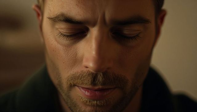 Contemplative man closing eyes in warm golden close-up portrait
