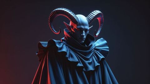 Fantasy lucifer figure posing with ram horns and dramatic cloak in gothic lighting