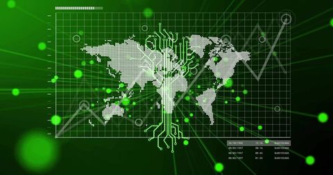 Animating green digital world map with circuit traces, glowing nodes and data dashboard