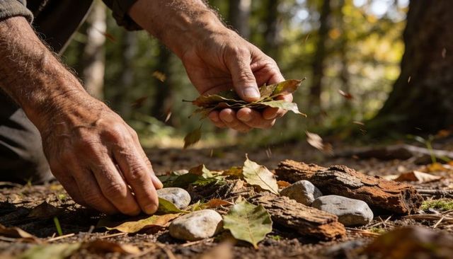 Adult male hands arranging autumn leaves and stones on forest floor, closeup
