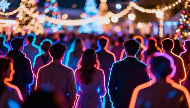 Crowd walking under holiday lights with neon outlines and festive night bokeh