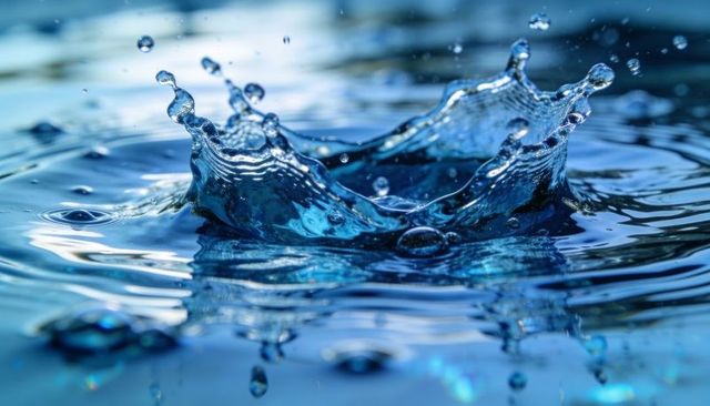 Forming blue water crown splash with suspended droplets, ripples and shimmer reflections