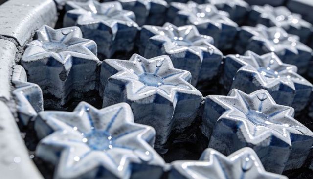 Glistening blue star ceramic tiles reflecting droplets in shallow water mosaic close-up