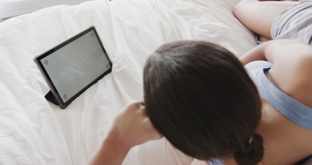 Woman Relaxing in Bed Using Tablet with Blank Screen - Download Free Stock Images Pikwizard.com