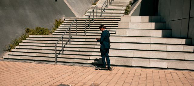 Caucasian man wearing suit and skateboarding in city. independent creative business people working at a modern office.