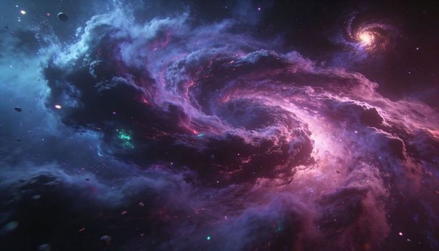 Swirling purple nebula forming spiral galaxy with teal and magenta gas clouds