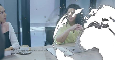 Business meeting with woman gesturing, laptop collaboration and globe network data overlay