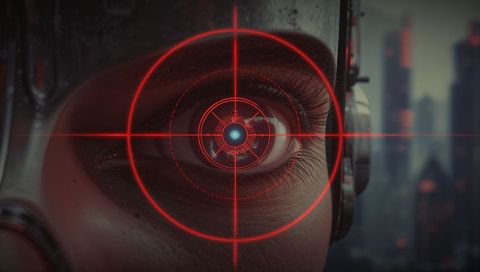Cyborg Woman Eye Implant Scanning with Red Reticle Over Futuristic City Skyline