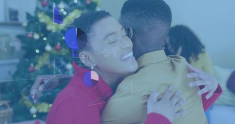 Hugging couple by christmas tree embracing holiday warmth, sharing cozy festive reunion