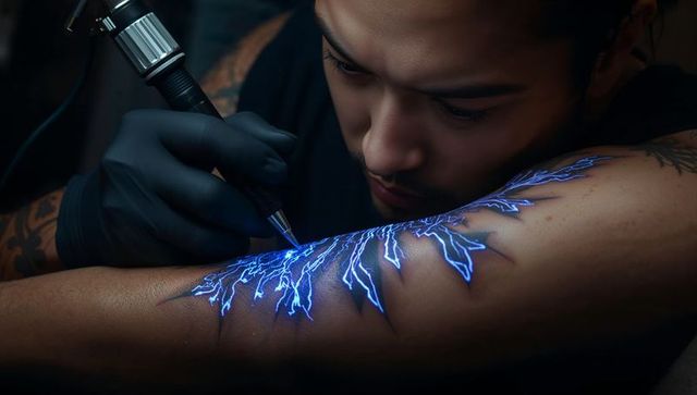 Skilled tattoo artist creating luminous lightning bolt designs