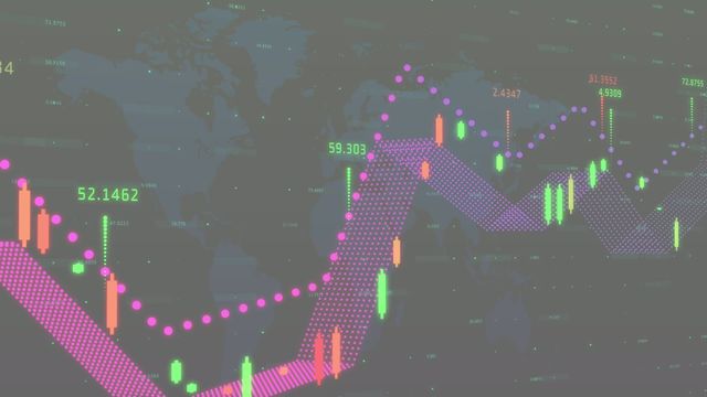 Visual showing financial data analysis on world map background. Useful for illustrating global business, financial markets, economic trends, international trade, and investment analytics.