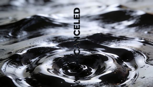Rising canceled letter column emerging from glossy black viscous liquid reflective ripples