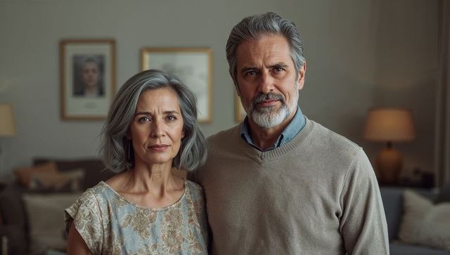 Senior couple standing together in cozy living room, looking confident, warm connection