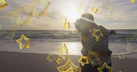 Romantic Sunset Beach Embrace with Sparkling Stars