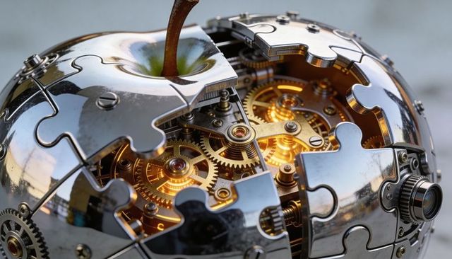 Revealing chrome puzzle sphere exposing brass clockwork gears, knurled knob and stem