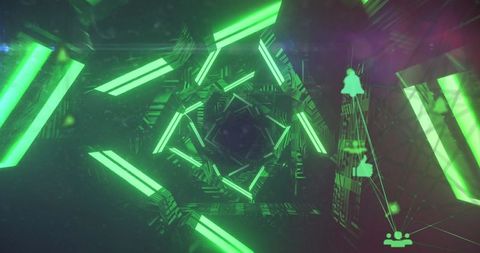 Futuristic Hexagonal Data Tunnel with Green Neon Lights