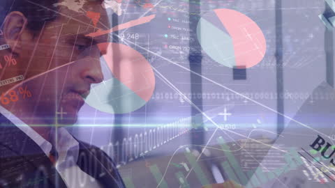 Businessman Analyzing Financial Statistics with Data Overlay