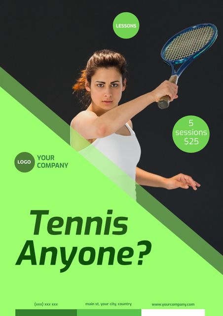 This flyer features a focused female tennis player embodying the competitive spirit of the sport. Ideal for promoting tennis lessons or sports training sessions. Can be used by tennis academies, fitness centers, or sports clubs to attract potential athletes. The bright green design makes the promotional material stand out.