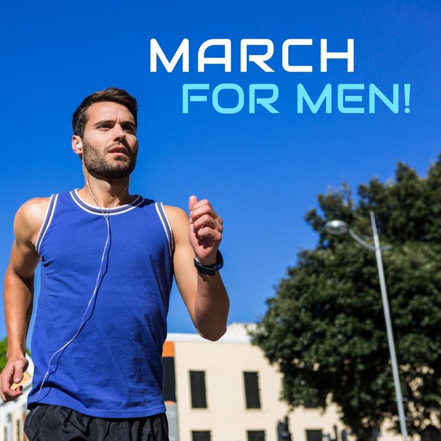 Digital composite image of march for men text by caucasian man running against blue sky on sunny day - Download Free Stock Videos Pikwizard.com