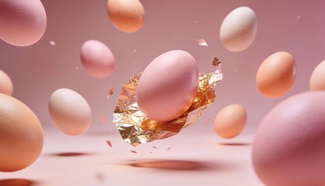Floating pastel eggs with single pink egg emerging from crinkled gold foil, soft pink bokeh
