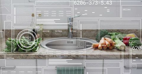 Hands grabbing fresh carrots at kitchen sink with futuristic hud overlay