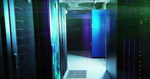 Blue-lit Server Rack in High-Tech Data Center Corridor