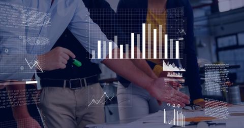 Team Collaborating in Office with Financial Data Overlays