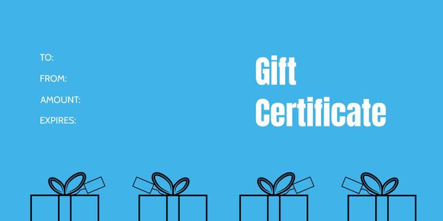 Minimalist blue gift certificate featuring black outline of gift boxes with bows. Perfect for businesses in retail and services to offer as rewards, loyalty incentives, or thoughtful presents. Customizable fields include recipient, sender, amount, and expiration date.