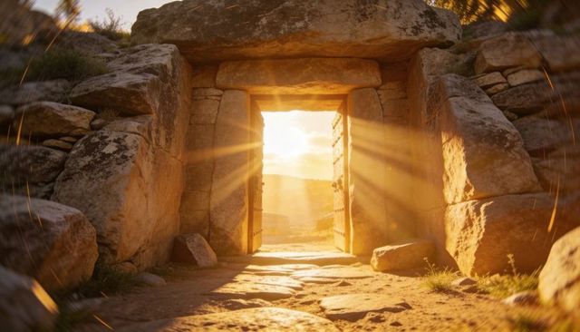 Golden sunbeams through ancient stone gateway with partially open wooden doors