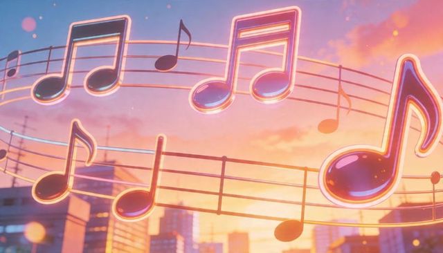 Giant neon musical notes floating over sunset city skyline on curved five-line staff glow
