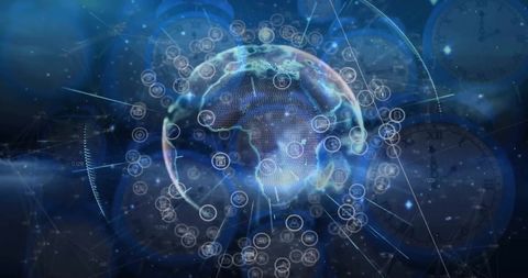 Global network icons surrounding digital planet