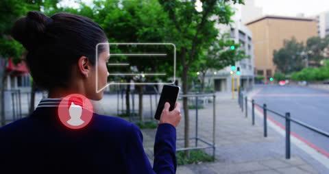 Woman Using Smartphone with Abstract Interface Icons Outdoors