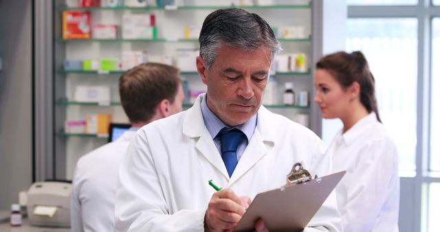 Senior Pharmacist Writing Notes in Busy Pharmacy - Download Free Stock Images Pikwizard.com