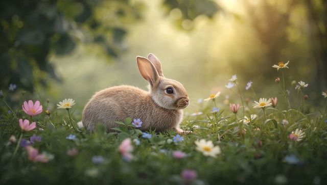 Sunlit Brown Bunny Sitting in Wildflower Meadow with Daisies and Soft Bokeh