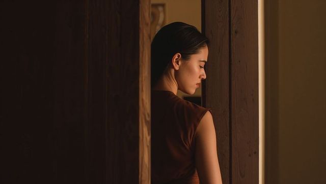 Quiet contemplation: woman standing in narrow wood-lined corridor bathed in warm light