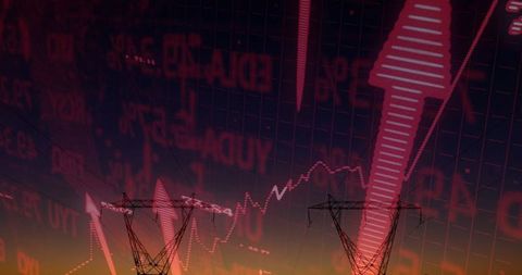 Energy towers against economic data visualization interface