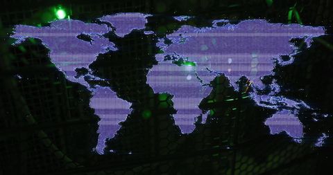 Digital World Map Hologram in Futuristic Server Room