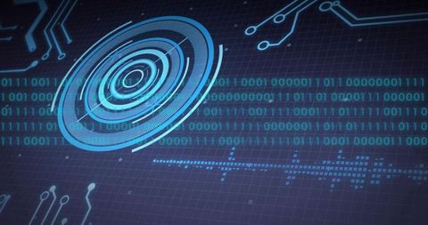 Futuristic HUD Rings Rotating and Pulsing over Binary Stream and Circuit Grid Interface