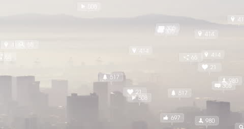 Social Media Icons Overlay on HAZY Cityscape with Connection Concept