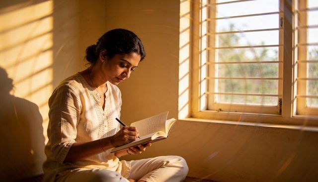 Indian woman writing journal by sunlit slatted window in minimalist home interior