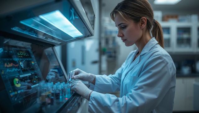 Female Laboratory Scientist Working With Vials and Digital Analyzer in Modern Research Lab