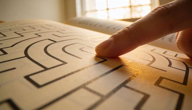 Tracing Finger Through Labyrinth Maze on Book Page Backlit by Warm Morning Sunlight