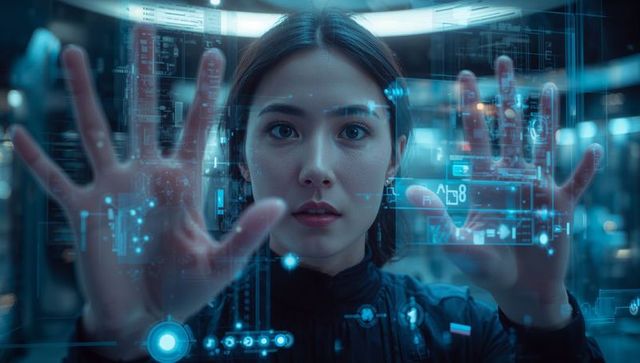 Asian woman operating holographic hud with gesture control futuristic blue neon interface