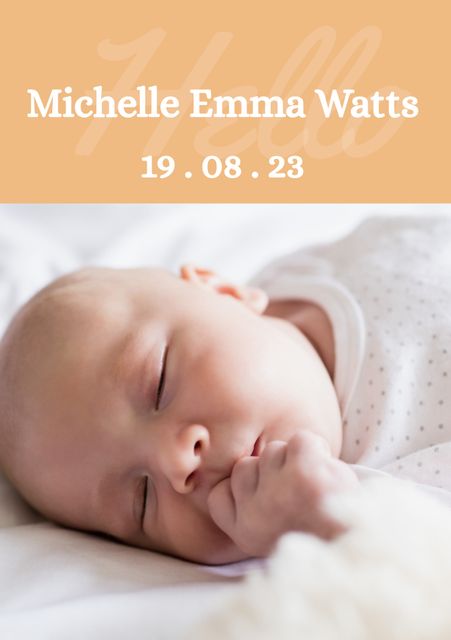 A close-up shot of a peacefully sleeping white baby girl with her hands close to her face and a birth announcement text overlay. Perfect for creating personalized birth announcements, baby cards, or conveying themes of newborn love, innocence, and family.