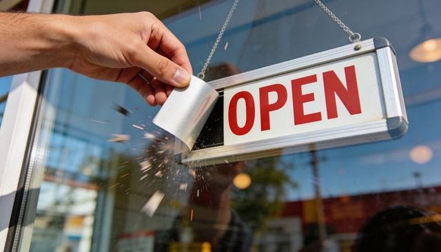 Hand scraping storefront glass to reveal open sign with glass shards and urban reflections