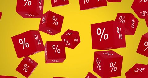 Floating red percentage cubes on vibrant yellow background