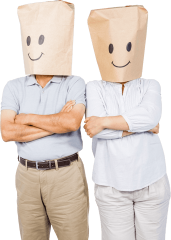 transparent couple wearing smiley paper bags over heads - Download Free Stock Videos Pikwizard.com