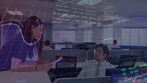 Financial Data Overlay with Business Team in Modern Office