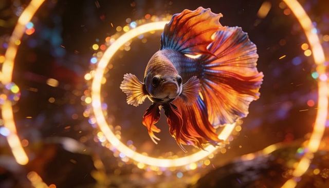 Gliding betta fish fanning iridescent orange and blue fins with glowing halo bokeh