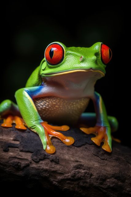Close up of red eyed tree frog perched on branch, created using generative ai technology. Animal, amphibians, wildlife and nature concept digitally generated image.